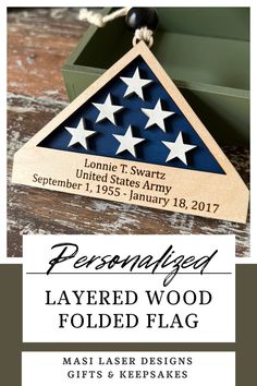 the personalized wooden folded flag is on display