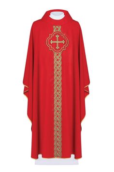 Chasuble embroidered Cross - red (H170). The chasuble is made of high-quality plain fabric, decorated with rich embroidery and a cross symbol. All finished with gold satin trim. Available in all liturgical colors. - Turtleneck collar finish, carom version available on a particular order. - Inner stole included. - Vestment length 135 cm (53.1 inches). Fabric: 100% PE. Red Embroidered Chasuble For Church, Traditional Red Chasuble For Ceremonial Use, Liturgical Colours, Cross Symbol, Embroidered Cross, Gold Satin, Clothing Items, Poland, Turtle Neck