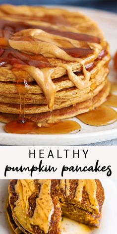 healthy pumpkin pancakes with maple syrup drizzled on top