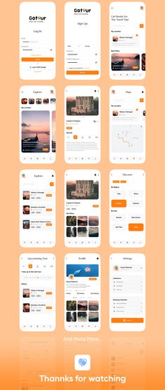 an orange and white website with many different screens