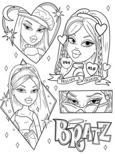 bratz coloring pages for girls with different hairs and face shapes, including the name bratz