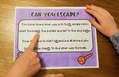 a person pointing at a sign that says can you escape? on the table next to them