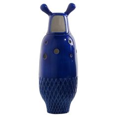 a blue vase with two horns sticking out of it's sides, on a white background