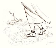 a drawing of a person walking in the water with a boat behind them royalty illustration