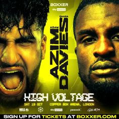 two men with their mouths open in front of a yellow and black poster that says, high voltage