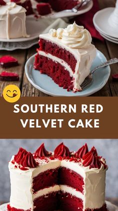 red velvet cake with white frosting on top and the words southern red velvet cake above it