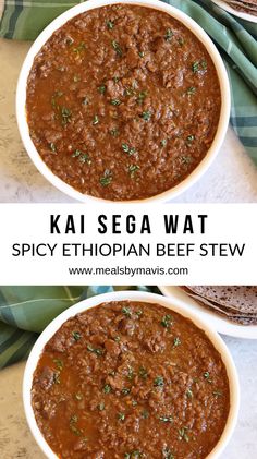 two bowls filled with spicy ethiopian beef stew on top of a green napkin next to bread