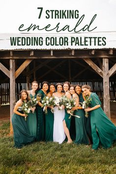 a group of women standing next to each other in front of a wooden structure holding bouquets