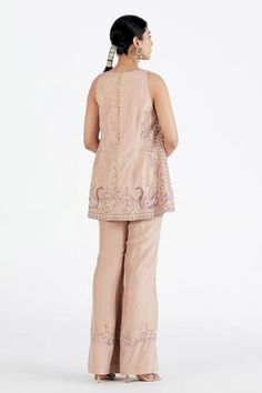 Shop for Megha Bansal Pink Silk Shyla Hans Embroidered Kurta Set for Women Online at Aza Fashions Traditional Sleeveless Top With Resham Embroidery, Festive Sleeveless Embroidered Palazzo Set, Festive Embroidered Sleeveless Palazzo Set, Fitted Sleeveless Kurta With Floral Embroidery, Designer Sleeveless Kurta With Floral Embroidery, Sleeveless Kurta With Intricate Embroidery For Eid, Sleeveless Palazzo Set With Intricate Embroidery For Eid, Sleeveless Embroidered Palazzo Set For Eid, Designer Floral Embroidered Sleeveless Kurta