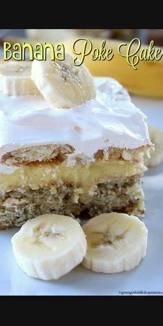 banana poke cake with frosting and sliced bananas