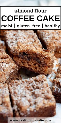 coffee cake with powdered sugar on top and text overlay that reads, almond flour coffee cake moist i gluten - free i healthy