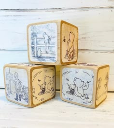 Welcome to our delightful collection of vintage Winnie the Pooh-themed wooden blocks, perfect for adding a touch of nostalgia to any baby shower celebration or nursery! They make a lovely addition to any shelf or display. With their vintage charm and timeless appeal, they add a touch of elegance to any room.  This listing includes three adorable 2-inch blocks, crafted from high-quality hardwood. Please note the size depicted in the pictures to ensure these blocks meet your expectations. Each blo July Wishes, Winnie The Pooh Decor, Wooden Baby Blocks, Baby Blocks Baby Shower, Winnie The Pooh Nursery, Pooh Birthday, Baby Room Themes, Baby Shower Crafts, Bear Nursery