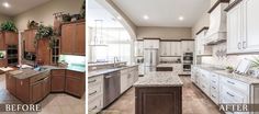 before and after pictures of a kitchen remodel with white cabinets, granite counter tops, and wood flooring