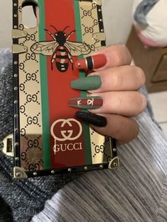 Gucci Phone Case, Gucci Nails, Fall Acrylic Nails, Long Acrylic Nails Coffin, Nail Swag, Trendy Nail Design, Beautiful Nail Designs, Luxury Nails