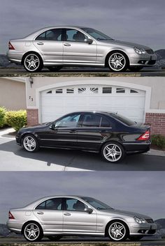 three different views of a silver car parked in front of a garage