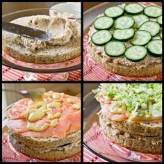 there are pictures of different food items on the cake platter, including cucumbers and bread