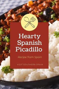 hearty spanish picadillo recipe with white rice and broccoli on the side