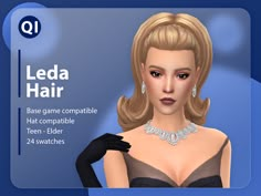 a woman with blonde hair and black gloves is wearing a necklace that reads leda hair