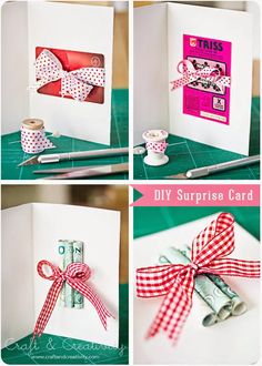 four pictures of different cards with bows and ribbons on them, one is for diy surprise card