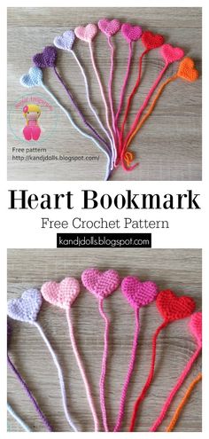 the crochet heart bookmark pattern is shown in several different colors and sizes