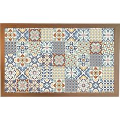 a blue and white tile wall hanging on a wooden frame