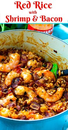 red rice with shrimp and bacon in a blue pot