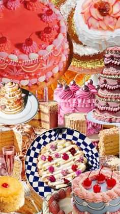 a collage of cakes and desserts on display