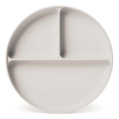 a white plate with three compartments on the front and one in the middle that is divided into two sections