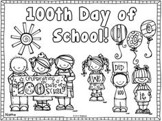 a coloring page for the 100th day of school with children holding up balloons and a sign