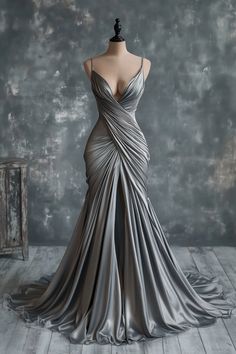 Grey Gowns Elegant, Gray Wedding Dresses, Gray Gown, Grey Wedding Dress, Grey Gown, Gown Ideas, Satin Ball Gown, Silver Gown, Bollywood Dress