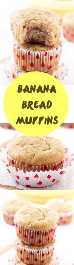 banana bread muffins stacked on top of each other with the words, bananas bread muffins