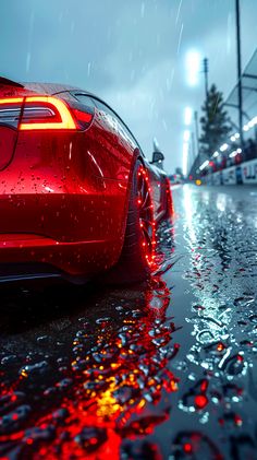 a red sports car is parked in the rain