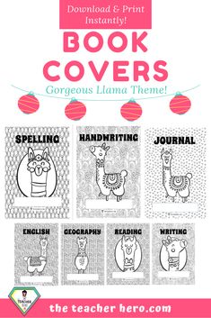 the printable book covers for gorgeous llamaa theme is shown in pink and white