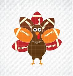 a turkey with footballs on it's head is shown in this thanksgiving card