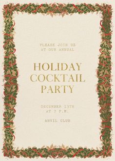 a holiday cocktail party with holly border and red ribbon around the edges, on white paper