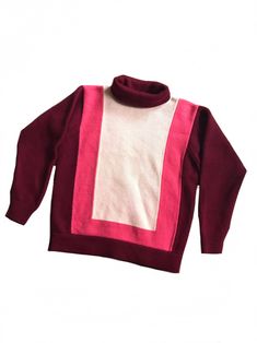 "a gorgeous Italian vintage 1960s 70s pink red knit winter ski sweater this is a beautiful knitted 100 % wool sweater with long sleeves and turtleneck. the sweater is adorned on the front with a beautiful geometric abstract pattern in two shades of pink and burgundy red. label: Cortina made in Italy 100 percent wool in excellent vintage condition, no flaws to mention. very clean and ready to wear. Measurements are taken flat and doubled where necessary: approx size Medium (as it's a knit ,there Pink Wool Sweater For Fall, Retro Color Block Sweater For Winter, Retro Pink Sweater For Fall, Retro Winter Color Block Sweater, Retro Color Block Winter Sweater, Retro Multicolor Winter Sweater, Pink Retro Long Sleeve Sweater, Retro Pink Long Sleeve Sweater, Fitted Pink Wool Sweater