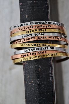 Hand Stamped Cuff Bracelet - Personalized Stacking Bracelet - Custom Mantra Bracelet - Inspirational Stamped Bracelet Sayings, Bracelet Stamping Ideas, Stamp Bracelet Ideas, Hand Stamped Bracelets, Stamped Bracelet Ideas, Stamped Jewelry Ideas, Metal Stamping Ideas, Bracelet Sayings, Metal Stamped Bracelet