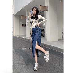 Rok denim split gaya Korea rok a-line wanita berpinggang tinggi sedang untuk menutupi rok pinggul selangkangan Outfit Rok, Review Produk, Split, A Line, Indonesia