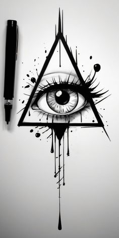 an eye with dripping paint on it and a pen next to it in the shape of a triangle