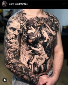 a man with many tattoos on his chest