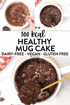 chocolate mug cake in two white bowls with spoons on the side and text overlay that reads, 100 real healthy mug cake dairy - free vegan gluten free