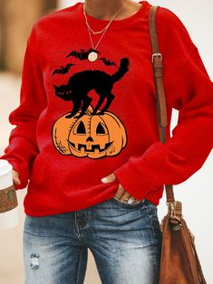 Halloween Casual Long Sleeve Sweatshirt Red Cartoon Print Sweatshirt For Fall, Red Long Sleeve Tops For Halloween, Red Long Sleeve Top For Halloween, Red Sweatshirt For Halloween Streetwear, Red Casual Hoodie For Halloween, Red Halloween Sweatshirt For Streetwear, Casual Red Hoodie For Halloween, Red Halloween Streetwear Sweatshirt, Halloween Graphic Print Long Sleeve T-shirt