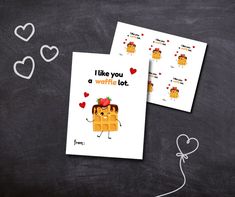 two greeting cards with the words i like you a white lot and an image of waffles