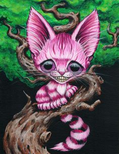 a painting of a pink cat sitting on top of a tree branch with green leaves