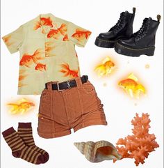 #goldfish #clothes #clothingboard #outfit #aesthetic #sea #fallcolors #docmartens #fashion #golden Fish Aesthetic Outfit, Outfit Ideas Moodboard, Goldfish Aesthetic, Fish Clothes, Crane Wives, Ocean Outfits, Aesthetic Sea, Academia Outfits, Gold Fish