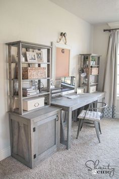 a room with a desk, chair and bookshelf