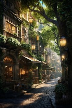 an image of a street scene with people sitting at tables in the shade and trees