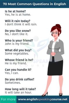 a woman in business attire standing with her arms crossed and the words 70 most common questions in english