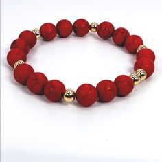 Red And Gold Semi-Precious Stone Beaded Stretch Bracelet With Made With Red Howlite. Bundle To Save! Red Gemstone Beaded Bracelets, Elegant Red Stretch Bracelet With Gemstone Beads, Elegant Red Gemstone Beads Stretch Bracelet, Elegant Red Round Bead Bracelets, Elegant Red Crystal Bracelet With 8mm Beads, Elegant Red Round Beaded Bracelets, Elegant Red Stretch Bracelet With 8mm Beads, Elegant Red Hand-strung Beaded Bracelets, Red Beaded Bracelets With Gemstone Beads