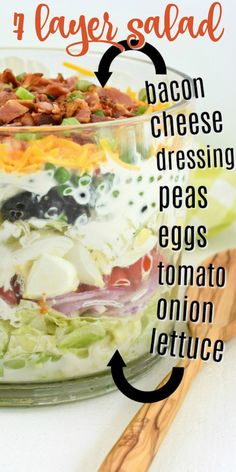 a layered salad with bacon, cheese and dressing